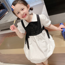 Girls summer Korean short-sleeved dress 2022 new foreign style baby childrens cotton black and white skirt college style