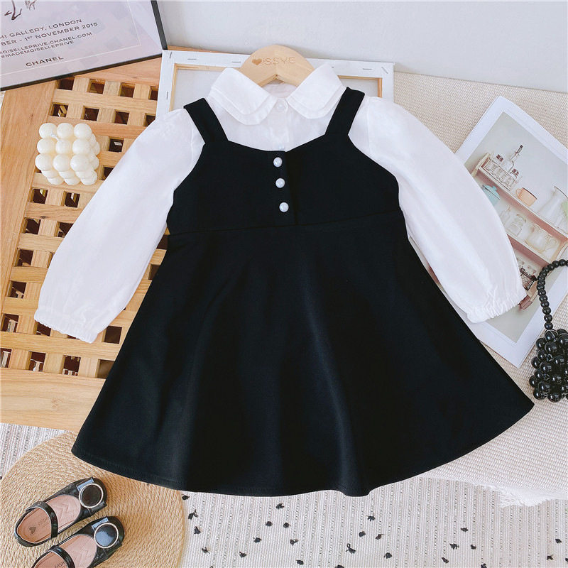 Girls spring foreign style long-sleeved black and white suit skirt new fashionable children's cotton shirt vest skirt two-piece set