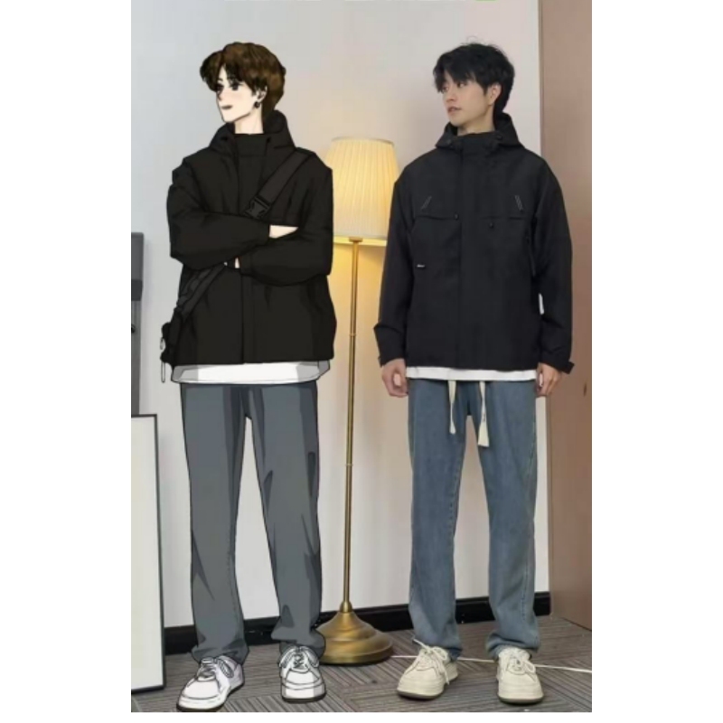 Doraemon's Little Man Outfit Diary: Spring Japanese Style Trendy Brand Hooded Windbreaker Jacket for Men, Loose Fit Waterproof Jacket