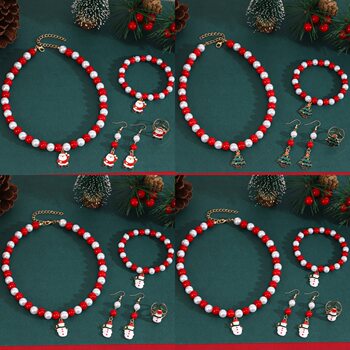 European and american cross-border christmas handmade beaded jewelry set cute christmas style earrings bracelet necklace ring for women