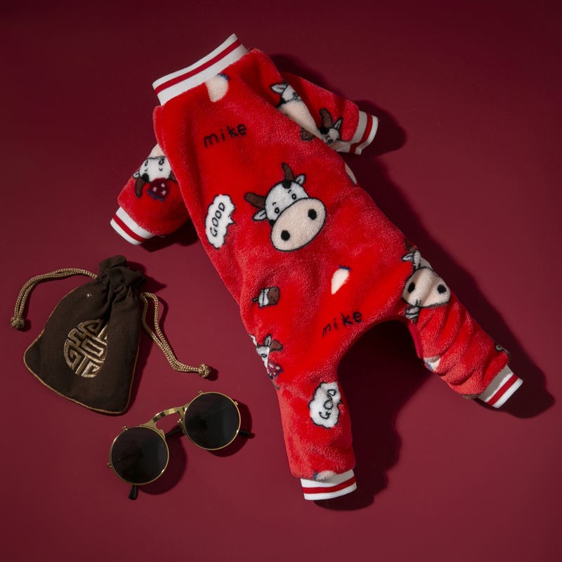 Pet puppy Teddy cat autumn and winter flannel warm plus velvet cartoon two-legged four-legged pajamas clothing supplies