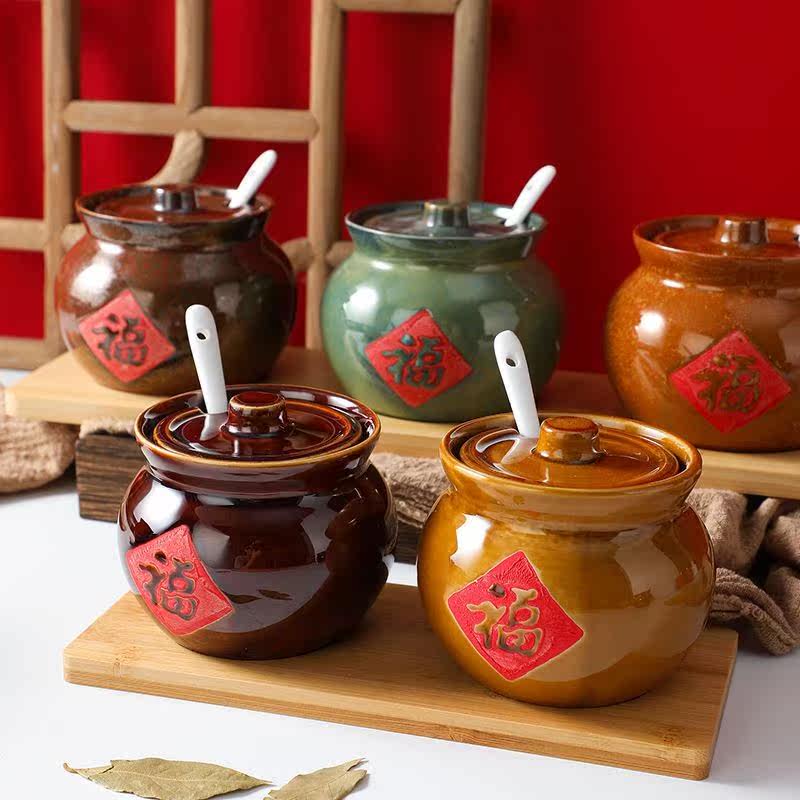 Oil splash hot sub-tank pig oil tank with spoon salt tank ceramic oil chili canned pig oil tank high temperature resistant seasoning tank tile cylinder