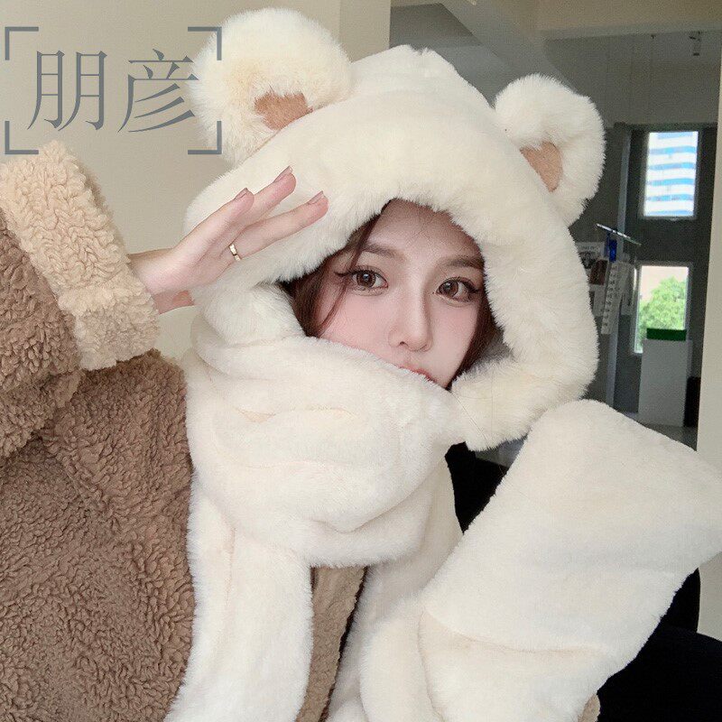 Autumn and winter new 2023 red bear hat scarf one woman thickened warm plush