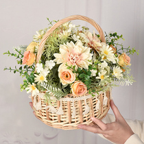 Rattan woven hand-held flower basket flower arrangement artificial flower artificial flower arrangement floral arrangement straw woven dining table small flower basket home accessories