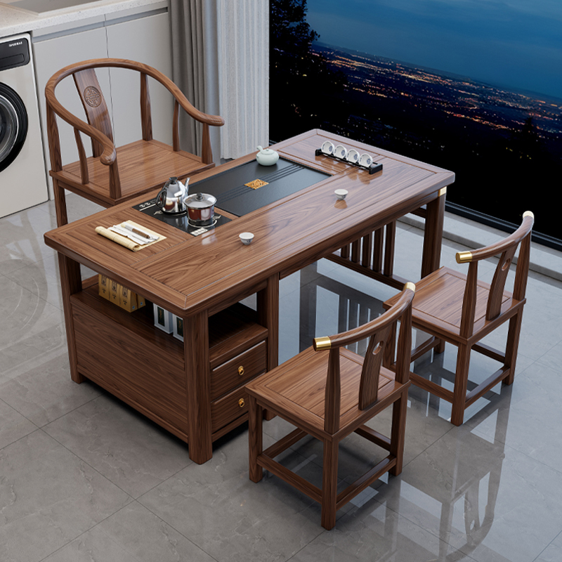 Balcony Tea Table and Chair Set, New Chinese Style Solid Wood Tea Table and Tea Set, Complete Set for Living Room, Small Apartment Tea Making Station