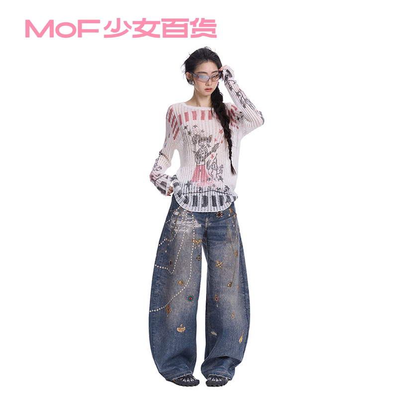Mof Girls' Department Store Washed Vintage Graffiti Gemstone Brooch Print Scimitar Jeans Loose Fit Slimming