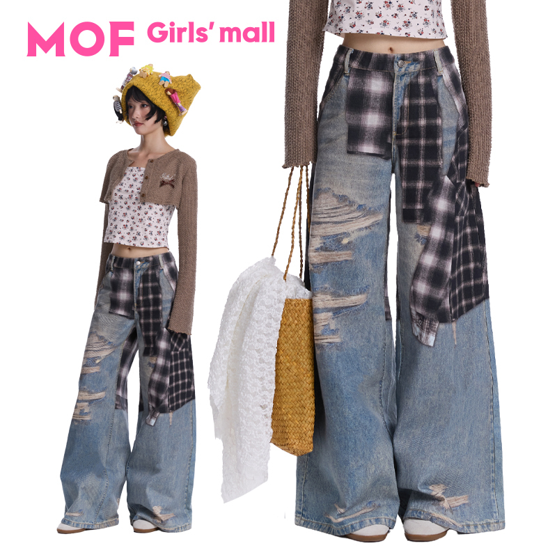 Mof Girls' Department Store Hu Xia's Same Style Versatile Black Plaid Retro Print Jeans Lightweight Straight-Leg Jeans