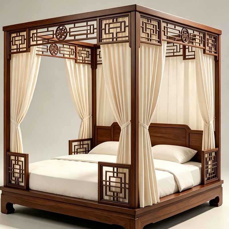 North American Black Walnut Minimalist Zen Four-Poster Bed, New Chinese-Style Bedroom Solid Wood Step Bed, Song-Style Aesthetic Frame Bed North American Black Walnut Minimalist Zen Four-Poster Bed, New Chinese-Style Bedroom Solid Wood Step Bed, Song-Style Aesthetic Frame Bed
