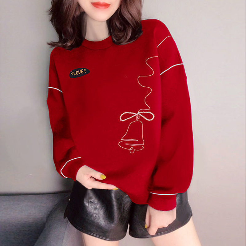 sandro star lazy wind western style printing red age-reducing round neck pullover large size plus velvet cartoon sweater women