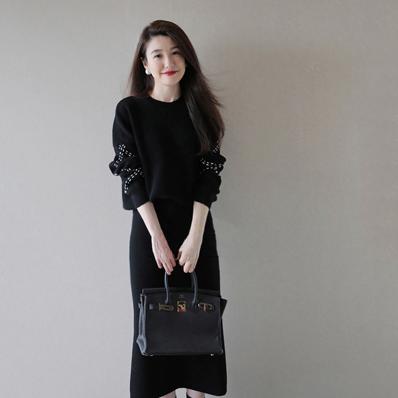 sandro star casual two-piece women's spring plus size foreign style knitted fashion thick sweater bottoming suit skirt