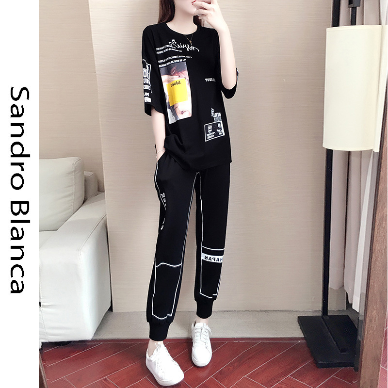 Sandro Blanca Leisure Sports Suit Women Loose Nets Red Minus-Age Printed Cartoon T-shirt Lovers two sets