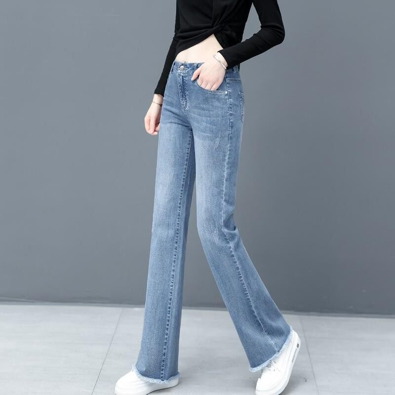 Sandro Blanca raw-edged jeans women's high-waisted loose lengthened drape wide-leg plus velvet straight-leg mopping pants