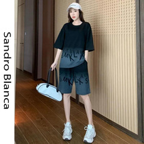 Sandro Blanca casual sports suit womens summer fashion short-sleeved net red age-reducing round neck letter two-piece set
