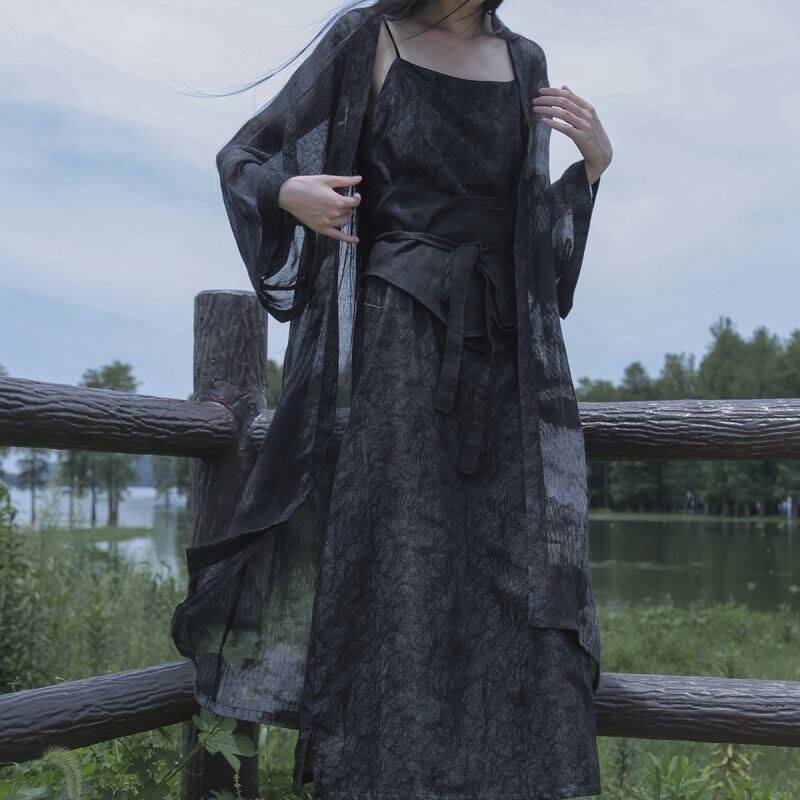 Improved Hanfu suspenders mountain dry see ink smoke ink dyed loose cardigan summer thin section chiffon air conditioning sunscreen shirt national clothing
