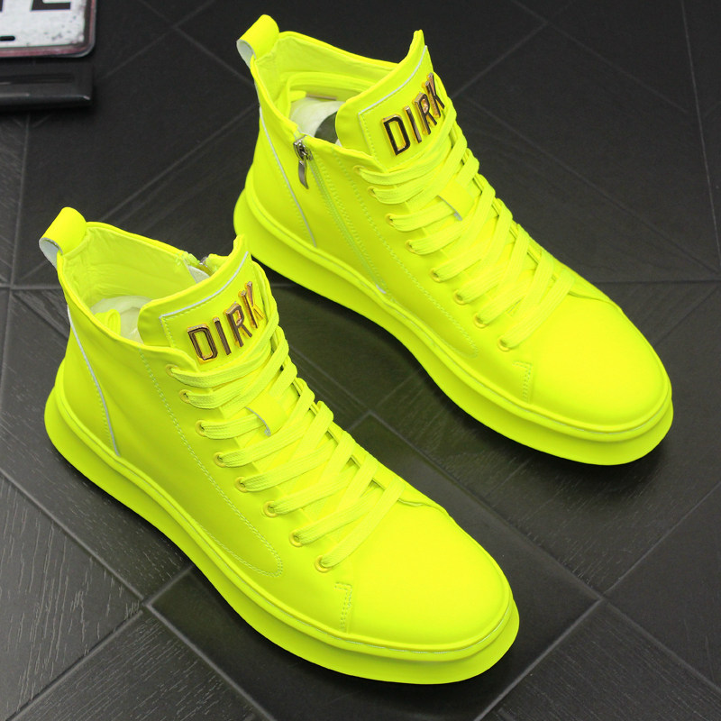 Hong Kong Tide Card Men's Shoes Paint Leather Bright Leather Board Shoes Men High Cylinder White Casual Shoes 2021 New Fluorescent Green Wave Shoes