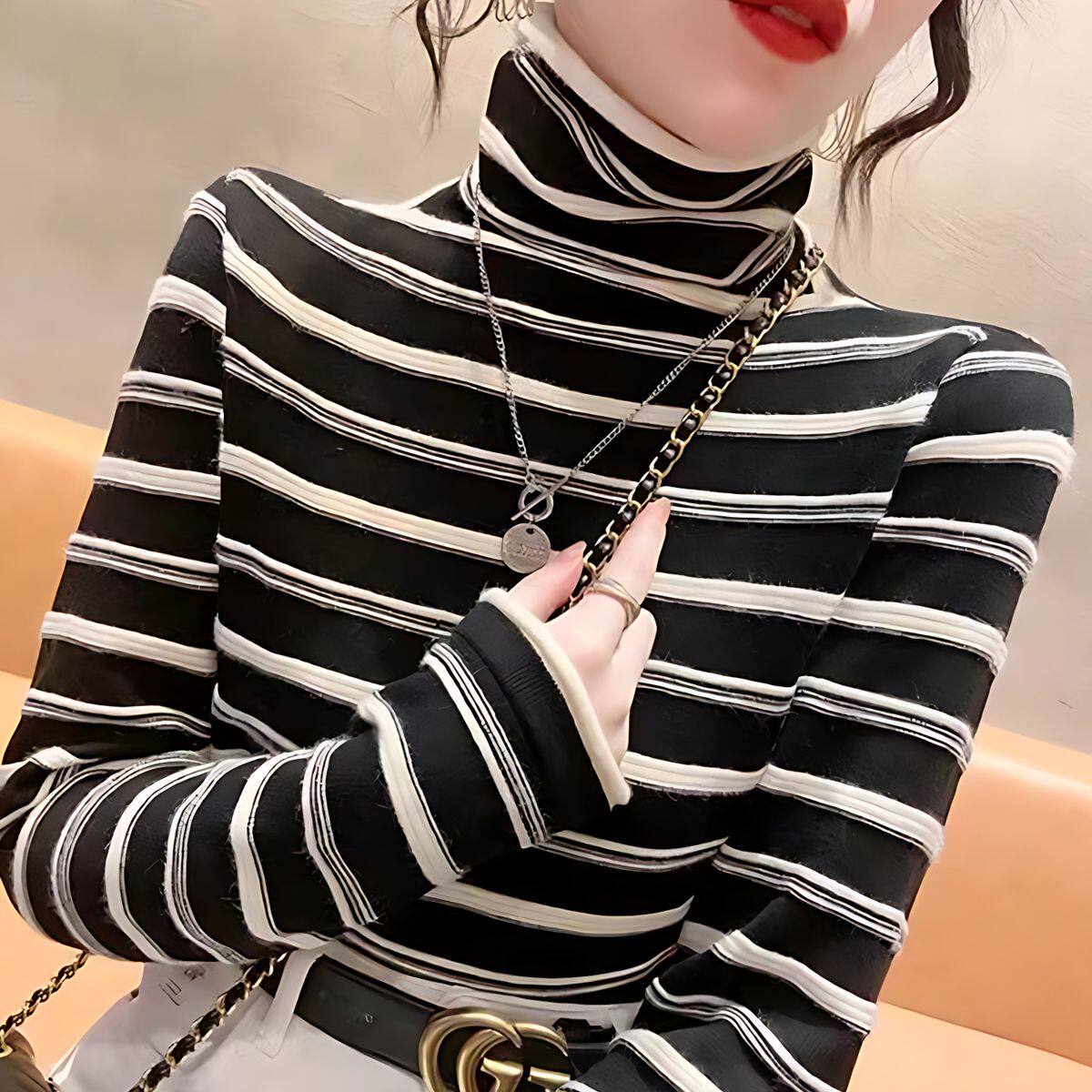 Bifacial delsuede striped undershirt woman autumn winter new foreign air 100 lap T-shirt female inner lap long sleeves half high collar blouses-Taobao