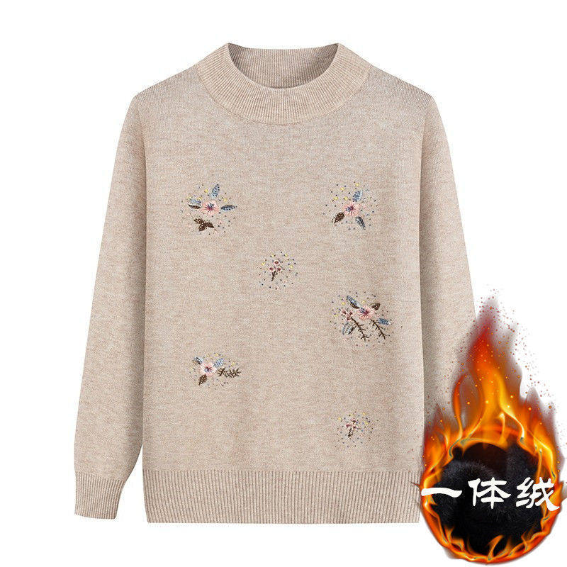 Autumn-winter-style middle-aged mother integrated suede grandma elderly knit blouse half-height collar middle-aged sweater woman hit bottom sleeve head-Taobao