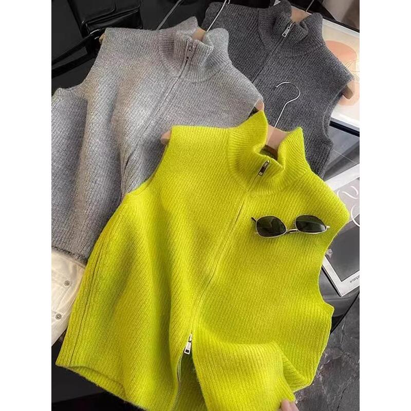 Plus Size 150kg Loose and Casual Style Zip-Up Turtleneck Knitted Vest Cashmere Sleeveless Sweater Vest