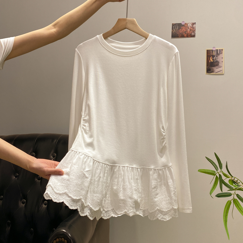 Extra Large Size 150kg Early Spring French Ballet Lace Trim Long-Sleeve T-Shirt for Women, Plus Size Loose Fit to Cover the Belly