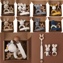 1Set Crochet Bunny Baby Teether Rattle Safe Beech Wooden Tee