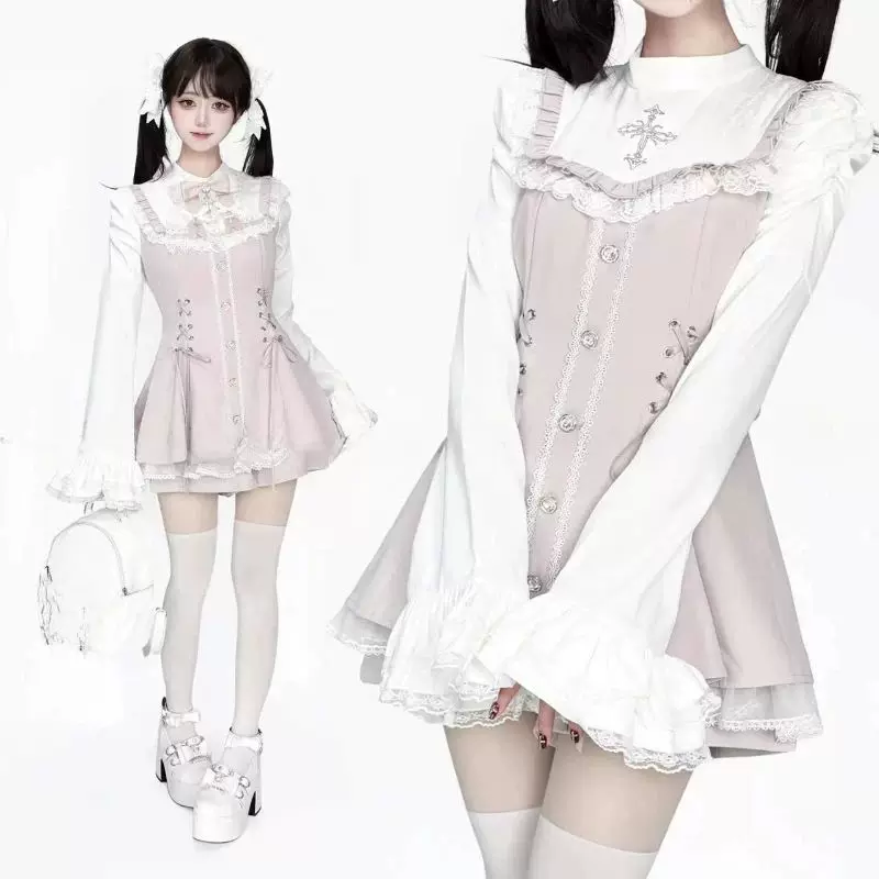 Костюм gothic lolita для женщин, Harajuku Y2K с бантом и кружевом, короткая юбка