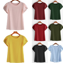Summer Women Chiffon Blouse Short Sleeve Red Ladies Office L