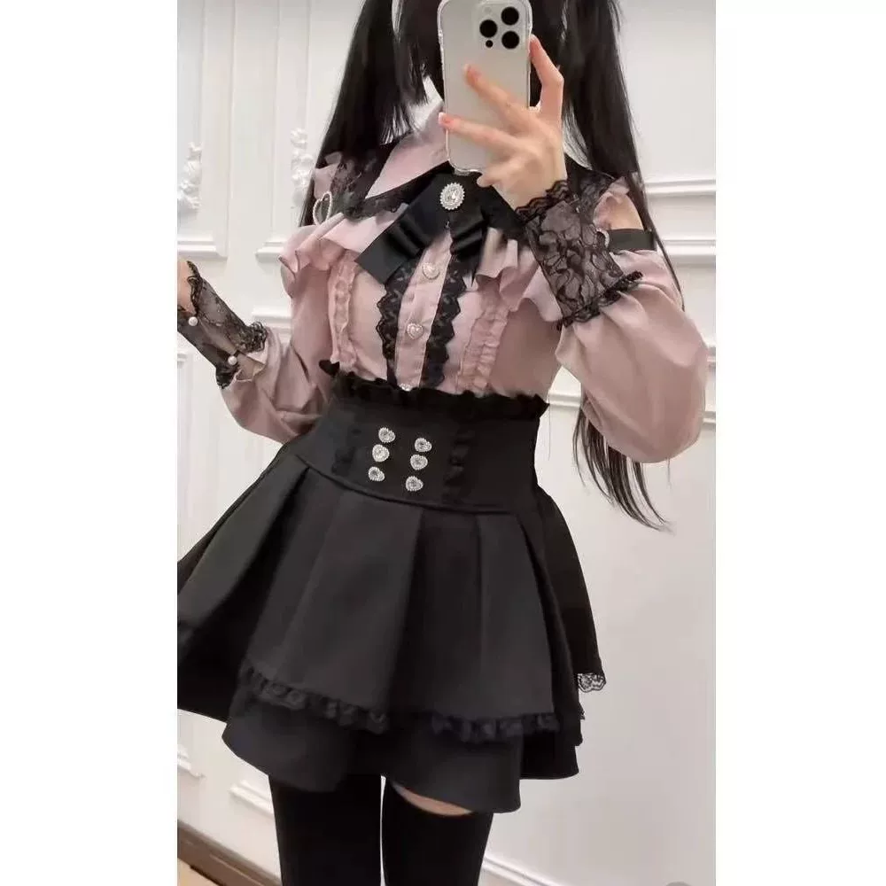 Костюм gothic lolita для женщин, Harajuku Y2K с бантом и кружевом, короткая юбка