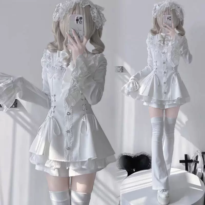 Костюм gothic lolita для женщин, Harajuku Y2K с бантом и кружевом, короткая юбка