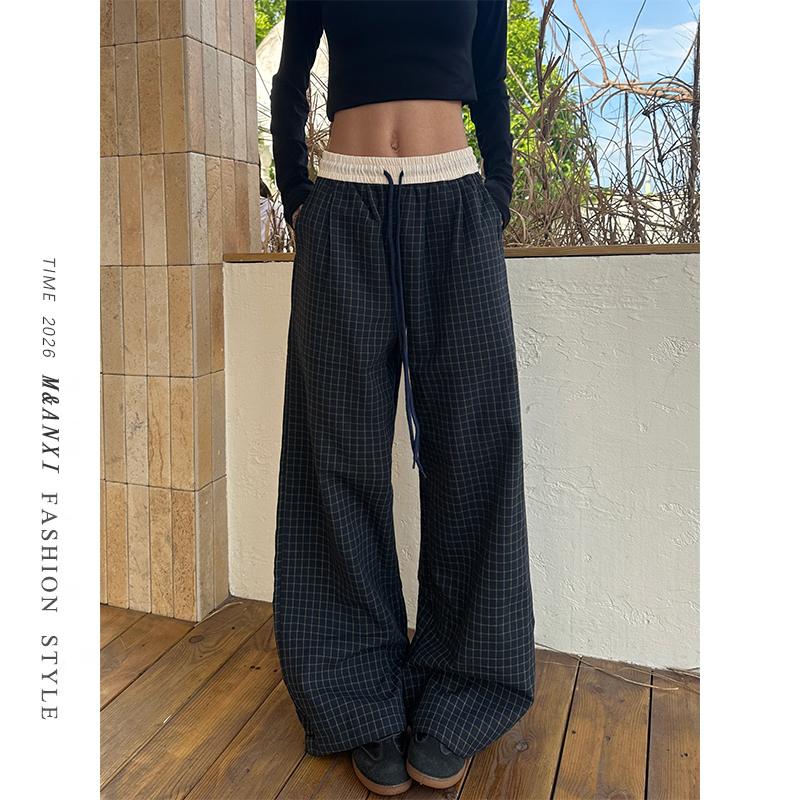 American Retro Plaid Pants for Women 2026 New Style Loose Slimming Straight-Leg Lazy Sweatpants Wide-Leg Sports Casual Pants