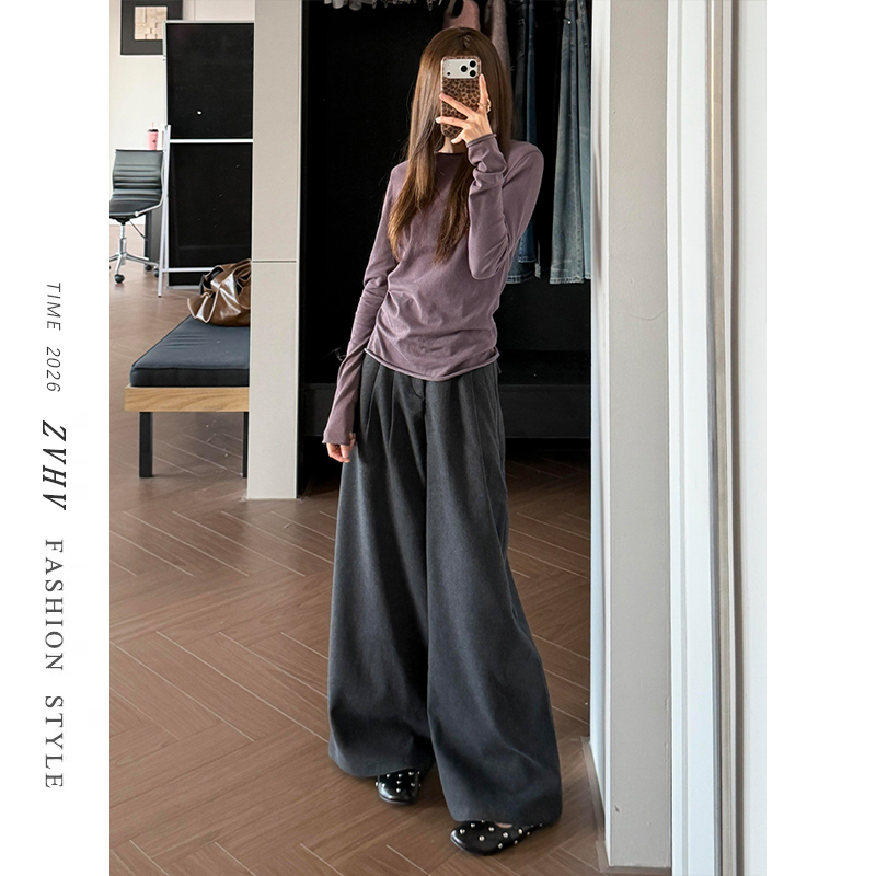 Zvhv Black and Gray Design Pleated Wide-Leg Casual Pants for Women, Loose, Slimming, Lazy Style, Drapey Casual Pants Zvhv Black and Gray Design Pleated Wide-Leg Casual Pants for Women, Loose, Slimming, Lazy Style, Drapey Casual Pants