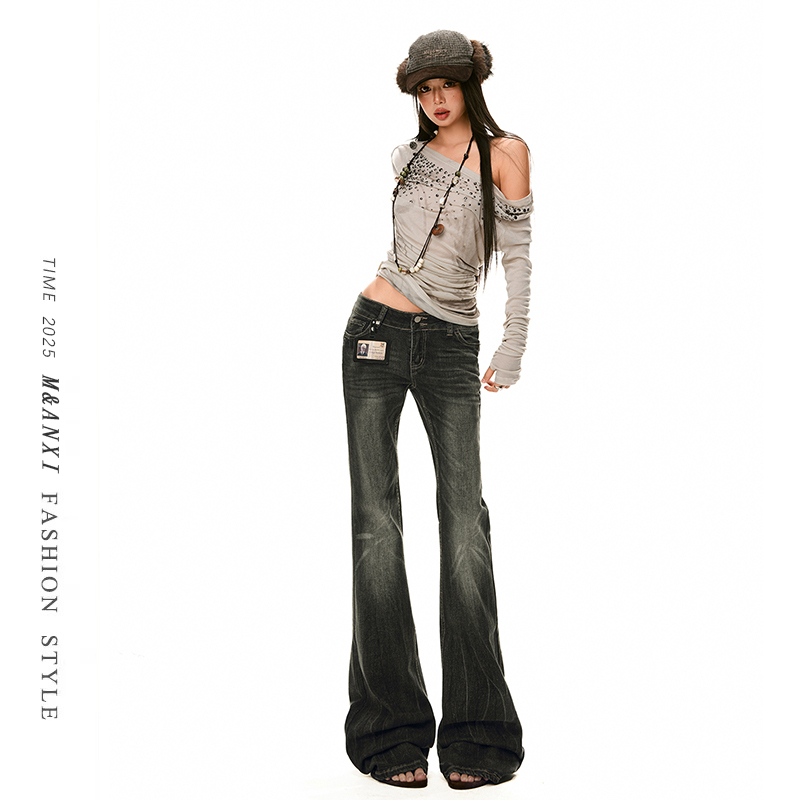 Black and Gray Low-Waisted Flared Jeans for Women 2026 New American Retro Slim-Fit Stretchy Hot Girl Bell-Bottom Pants