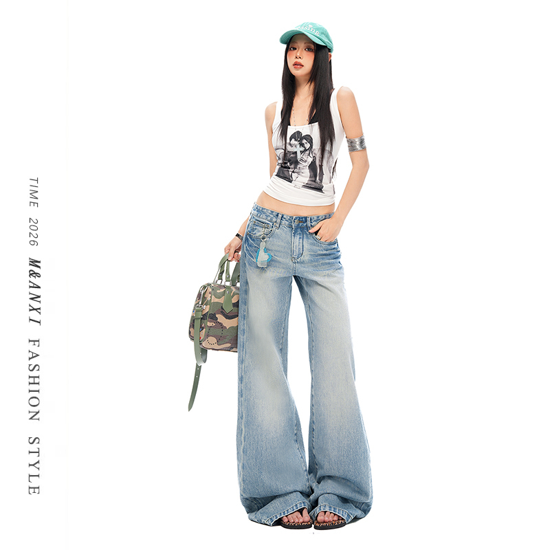 American Retro Low-Waist Straight-Leg Jeans for Women 2026 New Style Washed Crackle Design Loose Wide-Leg Floor-Length Pants American Retro Low-Waist Straight-Leg Jeans for Women 2026 New Style Washed Crackle Design Loose Wide-Leg Floor-Length Pants