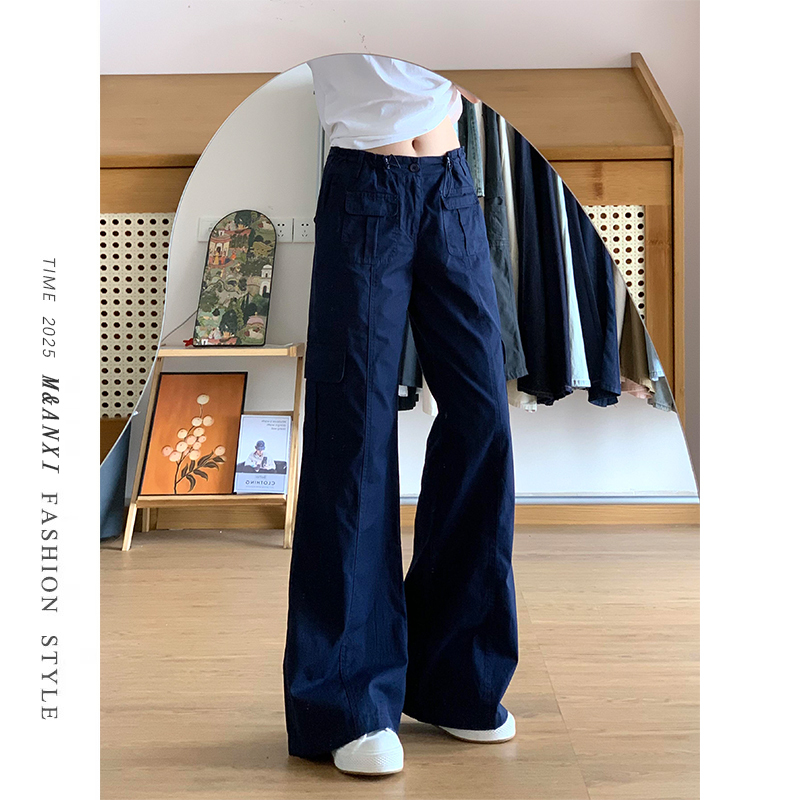 Navy Blue Multi-Pocket Cargo Pants for Women, 2026 Summer Thin Low-Waist Loose Slimming Straight-Leg Casual Pants Navy Blue Multi-Pocket Cargo Pants for Women, 2026 Summer Thin Low-Waist Loose Slimming Straight-Leg Casual Pants