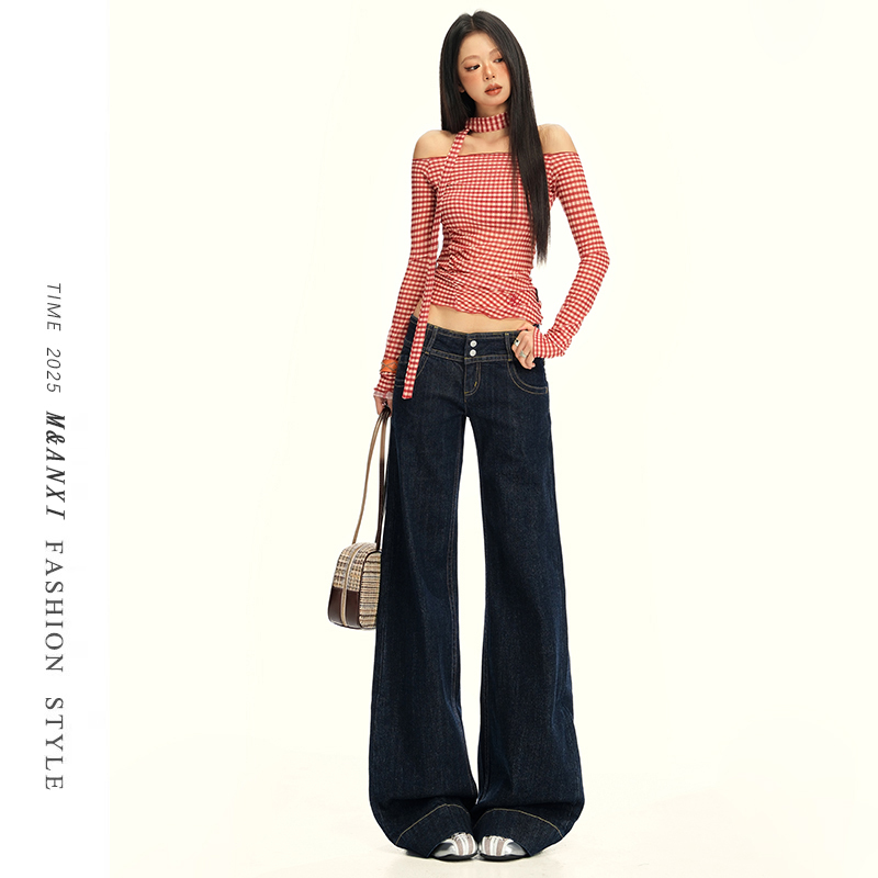 American-Style Dark Blue Straight-Leg Jeans for Women, Spring 2026 New Low-Rise Versatile Slimming Flared Casual Pants