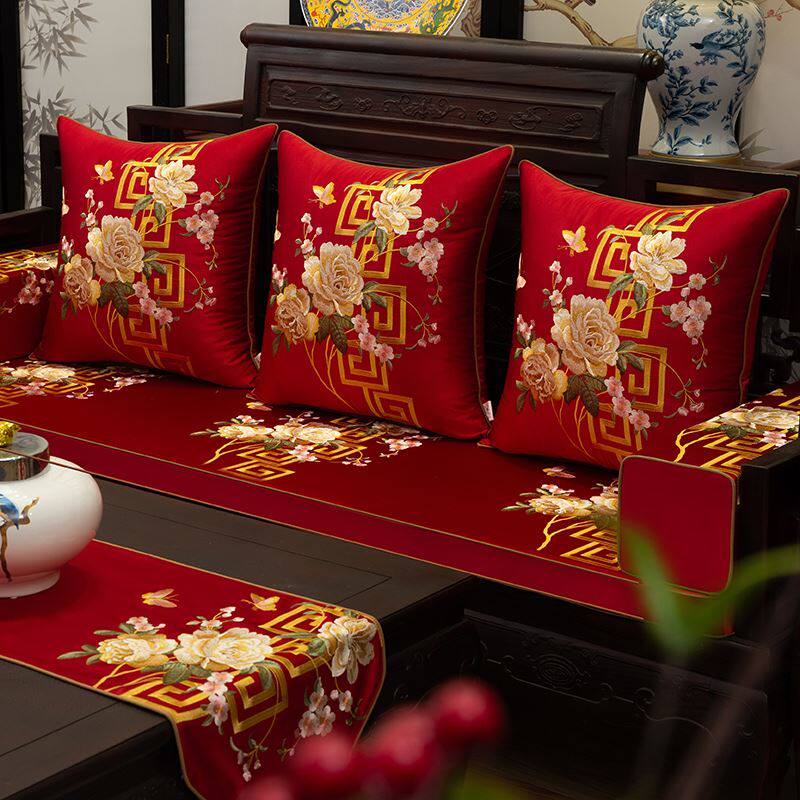 Modern Chinese classical mahogany sofa cushion with backrest chair cushion Arhat mattress embroidery cushion five-piece set custom-made