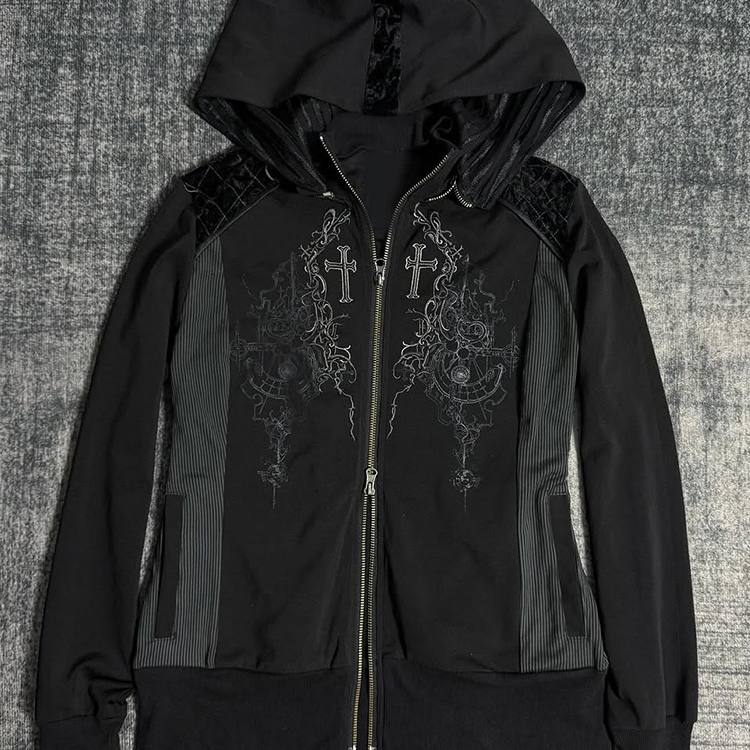 Gothic Rose Original American Retro Style Super Nice Black Printed Hooded Sweatshirt Slimming Jacket