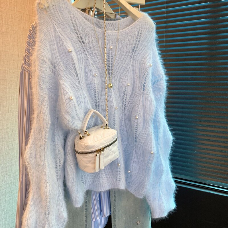 Soft and Fluffy Beaded Blue Sweater for Women, New Autumn and Winter Design, Hollow Knit Sweater with a Lazy and Relaxed Feel