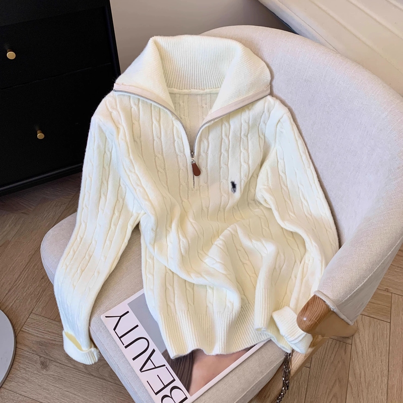 White Half-Zip Turtleneck Sweater for Women, New Autumn and Winter Thickened Inner Layer, Paired with Coat, Cable Knit Pullover Base Shirt Top