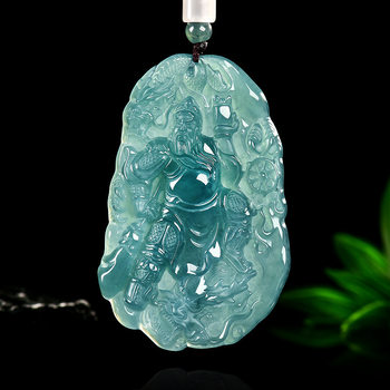 Natural a-grade jadeite blue water dragon guan gong pendant