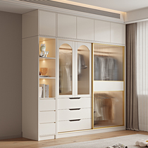 French cream style sliding door wardrobe home bedroom small apartment storage cabinet modern simple solid wood finished wardrobe