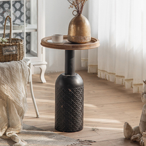 Wabi-sabi style coffee table American living room sofa side table solid wood B&B hotel creative iron art old retro small round table