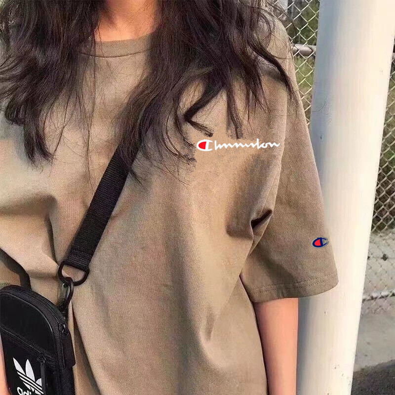 Champion Basic Summer Short-Sleeve T-Shirt for Women, Casual Loose Pure Cotton Half-Sleeve for Men, Retro Oversized Trendy Brand Couple Tops