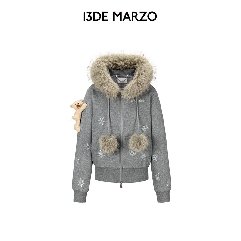 13De Marzo Domestic Store 2026 Autumn New Full-Print Gradient Snowflake Detachable Fur Collar Hooded Sweatshirt Jacket