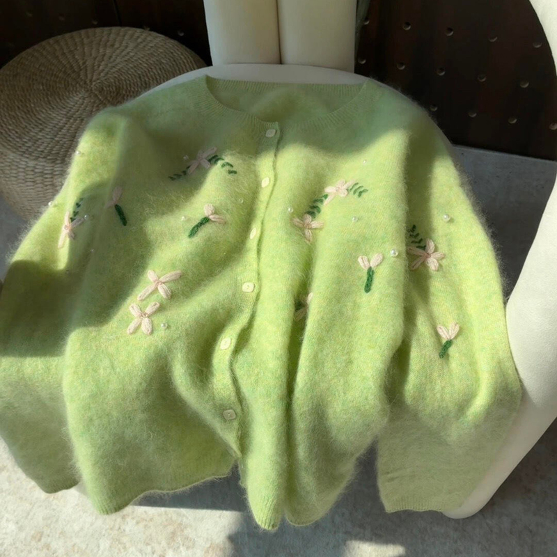 Highly Recommended! Green Hand-Embroidered Beaded Knit Cardigan for Women, Winter Cashmere Fleece Warm Sweater