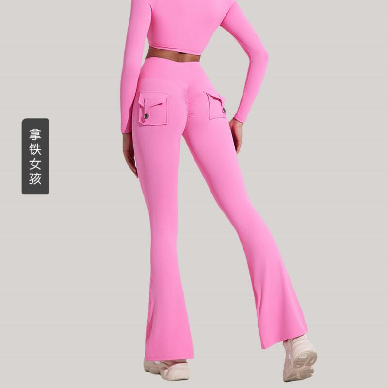 Latte Girl Workwear Pocket Peach Flared Pants High-Waisted Butt-Lifting Tight Yoga Pants Running Sports Fitness Pants