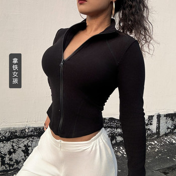 Latte girl autumn and winter plush yoga clothing top women's long sleeve tight stand collar sports jacket running fitness clothing