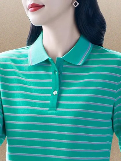 清仓秒杀外贸尾货纯棉polo衫t恤女条纹翻领长袖中年妈妈款上衣服