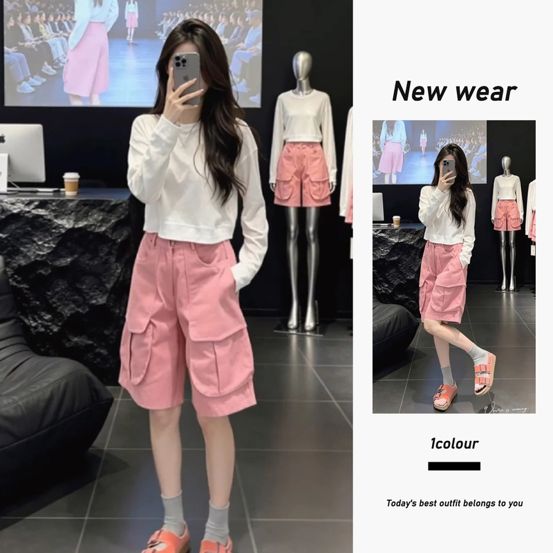 Summer Energetic Sweet Cool Style White Short Sun-Protective Long-Sleeve Top with Pink Large Pocket Cargo Shorts Two-Piece Set Trendy Summer Energetic Sweet Cool Style White Short Sun-Protective Long-Sleeve Top with Pink Large Pocket Cargo Shorts Two-Piece Set Trendy