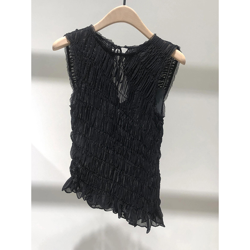 This Year's Popular Super Good-Looking Black Bubble Pleated Vest for Women 2024 Summer Niche Chic Slim Sleeveless Top