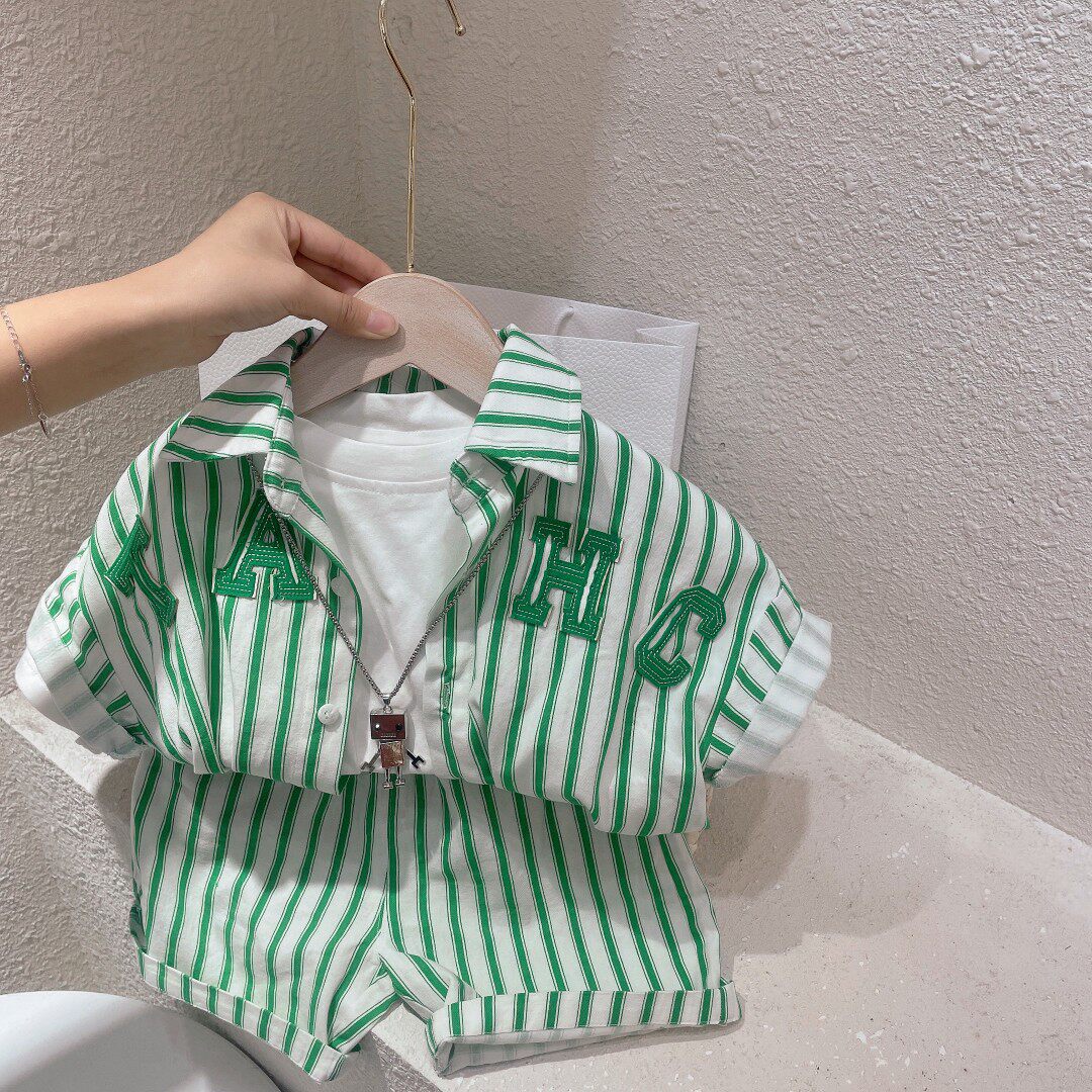 Selected children's small crowdwave brand fresh striped shirt open-shirt boomer shorts suit BK019